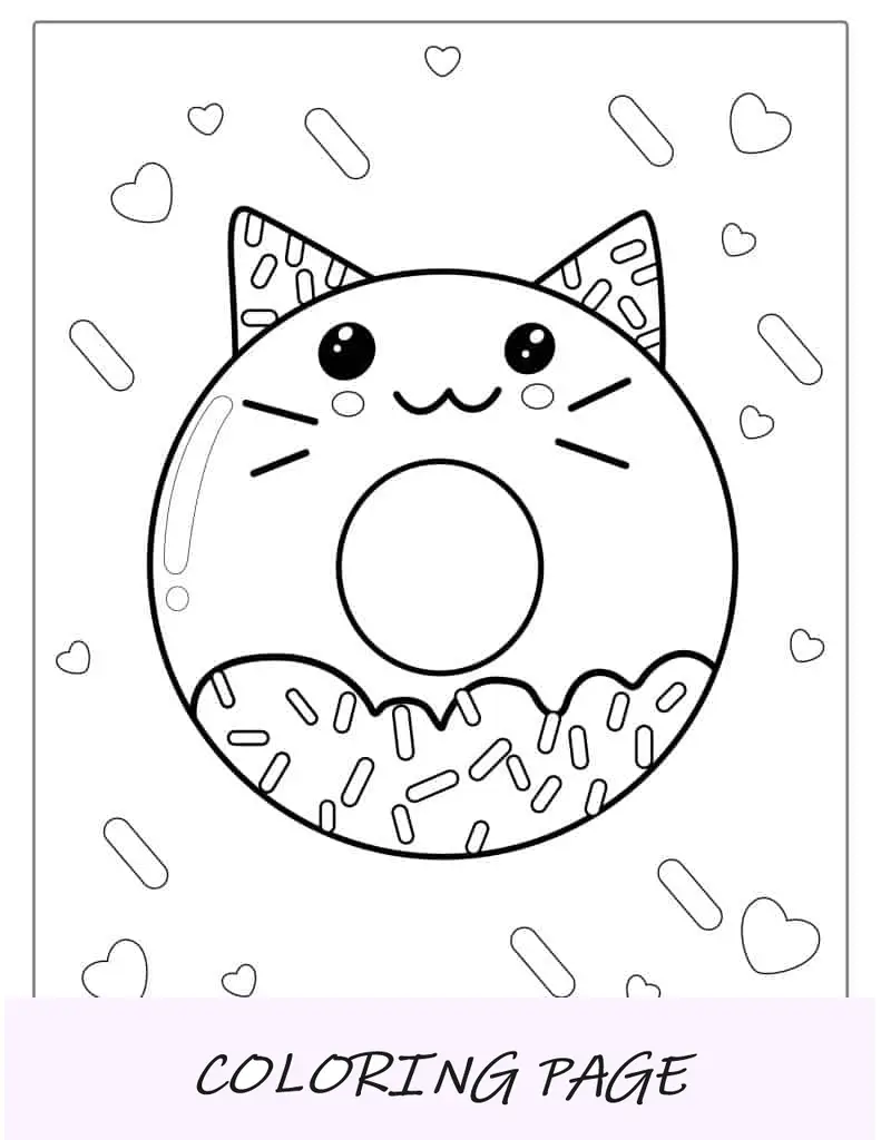 Página para colorir de donut Kawaii com tema de gato