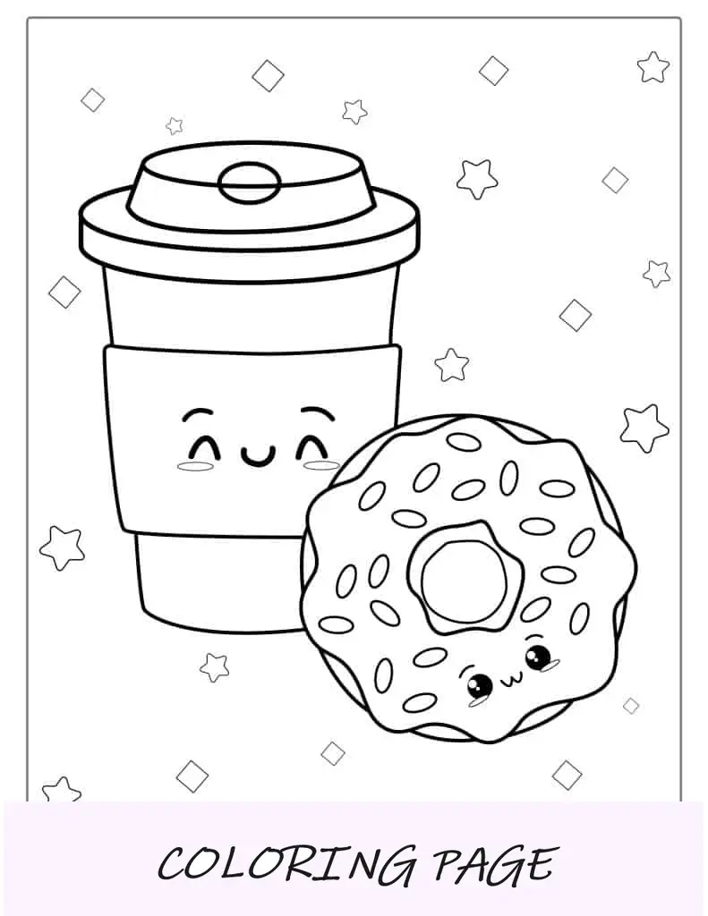 Página para colorir de donut e café sorridente para crianças