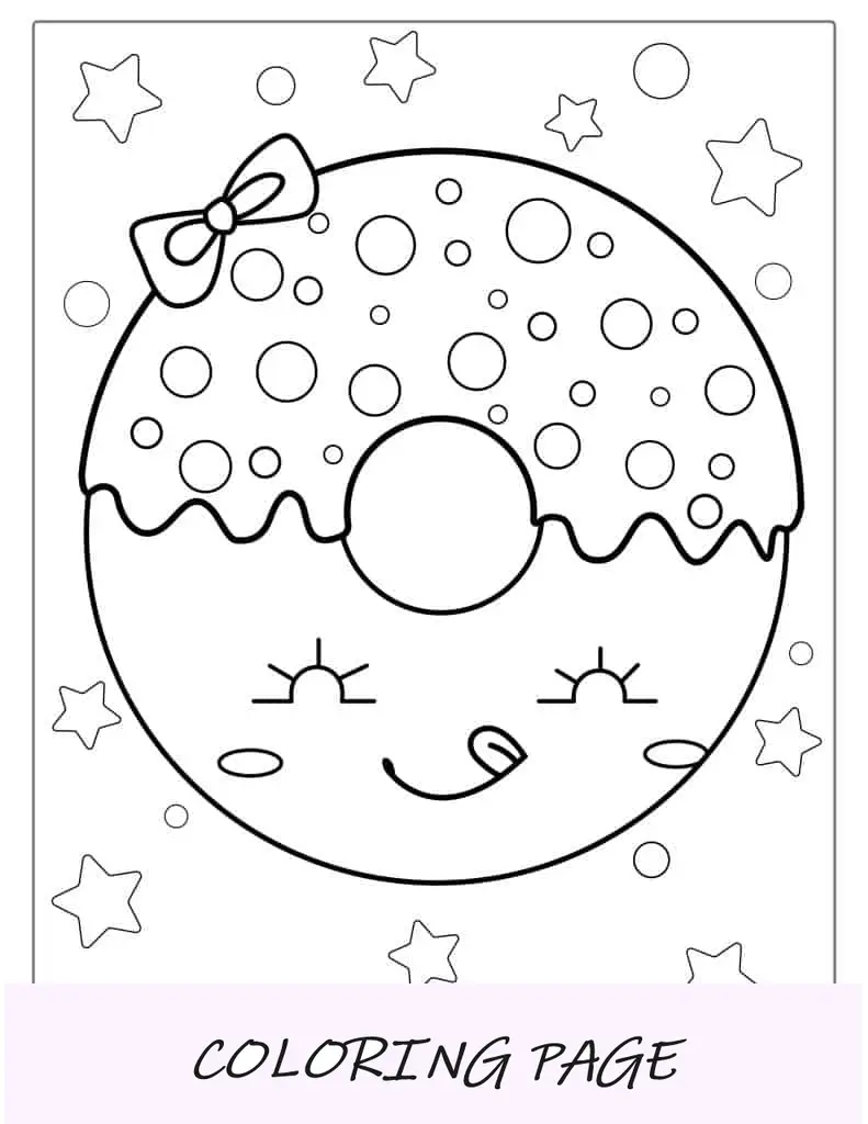 Página para colorir de donut sorridente fofo Kawaii