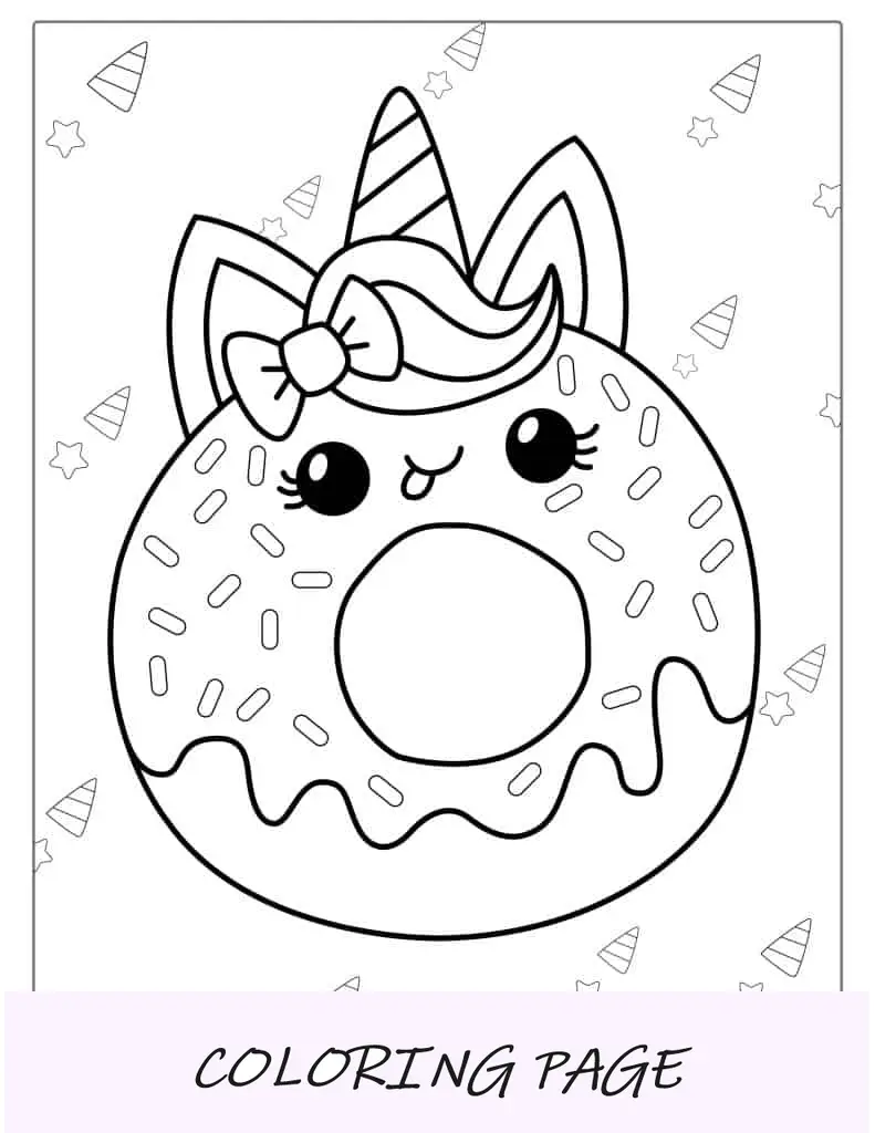 Página para colorir de donut de unicórnio fofo