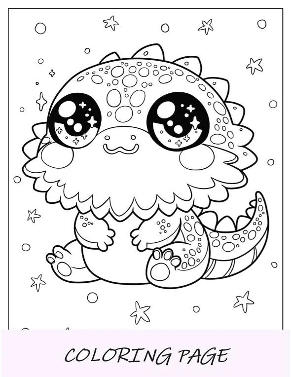 Página para colorir de dragão barbudo Kawaii Chibi com olhos estrelados para crianças em idade pré-escolar