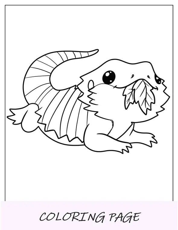 Página para colorir de dragão barbudo Kawaii, mascando folhas para crianças em idade pré-escolar