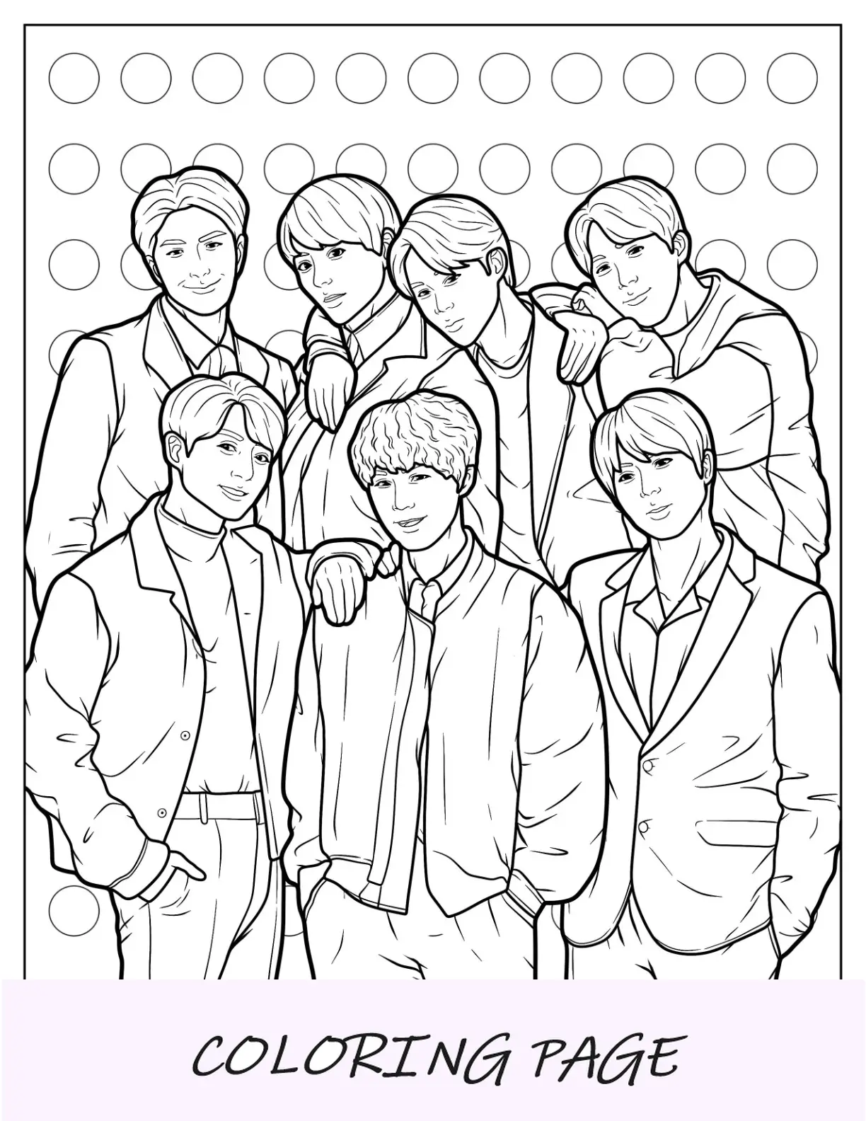 Página para colorir BTS realista de Jungkook, Jin, V, Jimin, SUGA, RM e J Hope