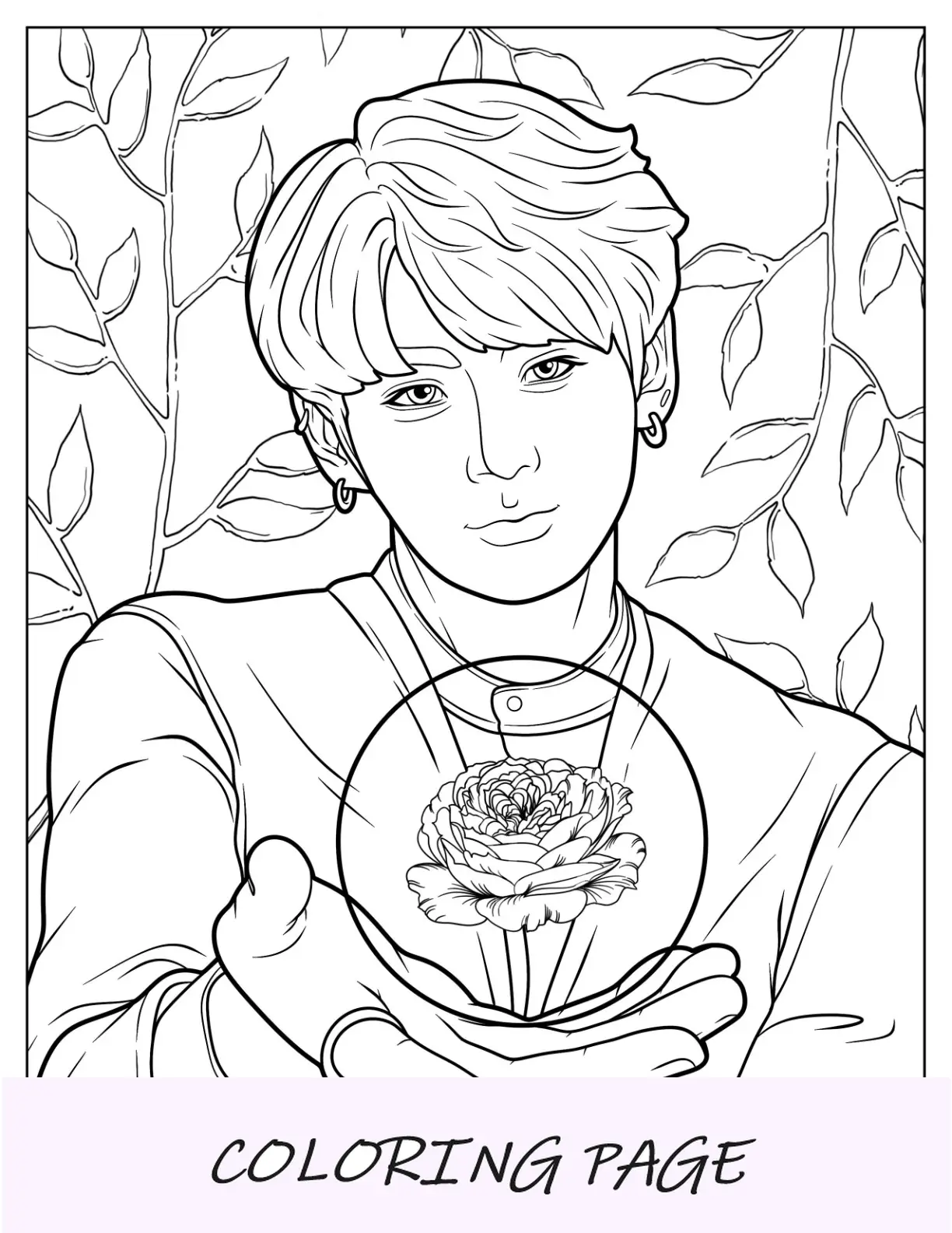 Página para colorir BTS de retrato realista de Jungkook segurando uma rosa