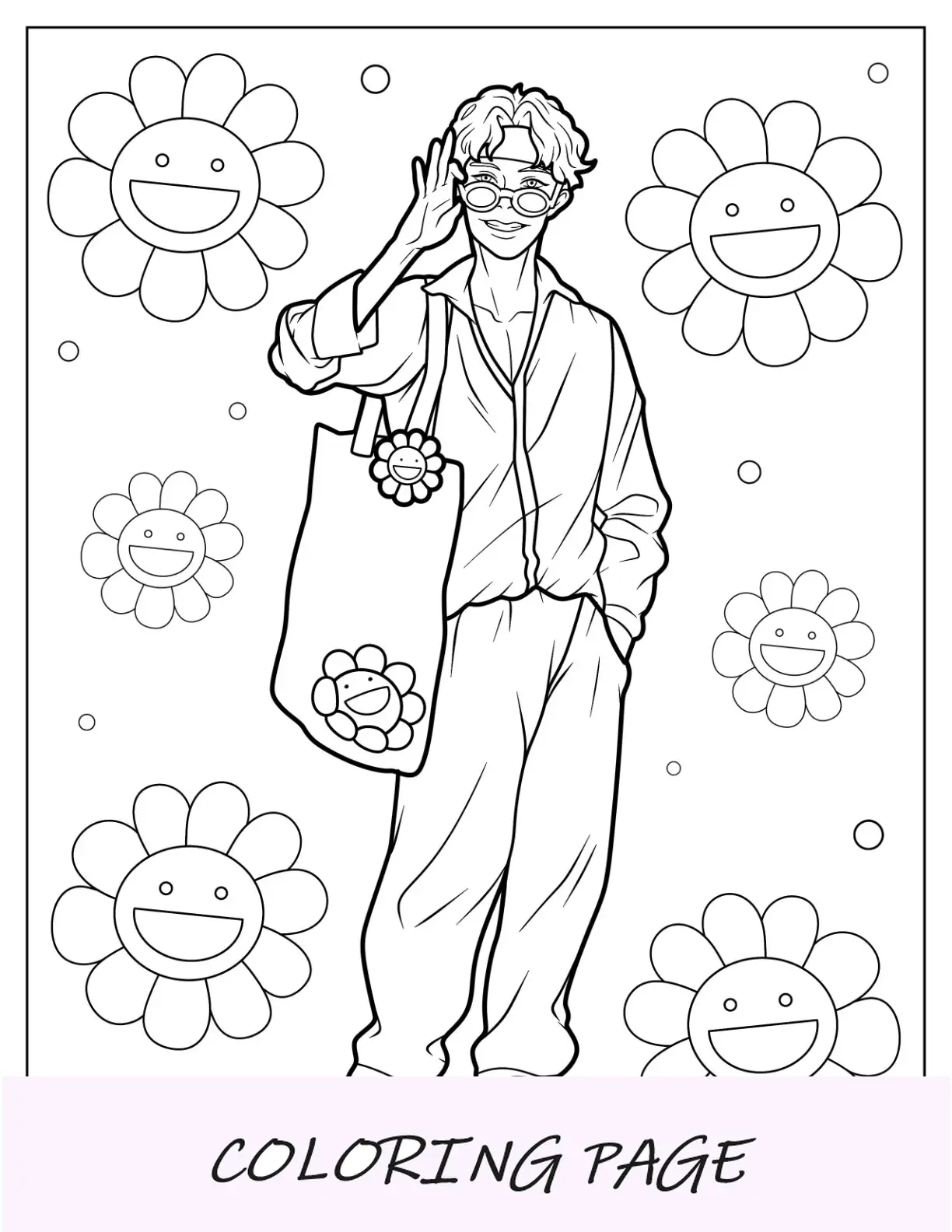 Página para colorir BTS de J Hope sorrindo enquanto segura óculos de sol