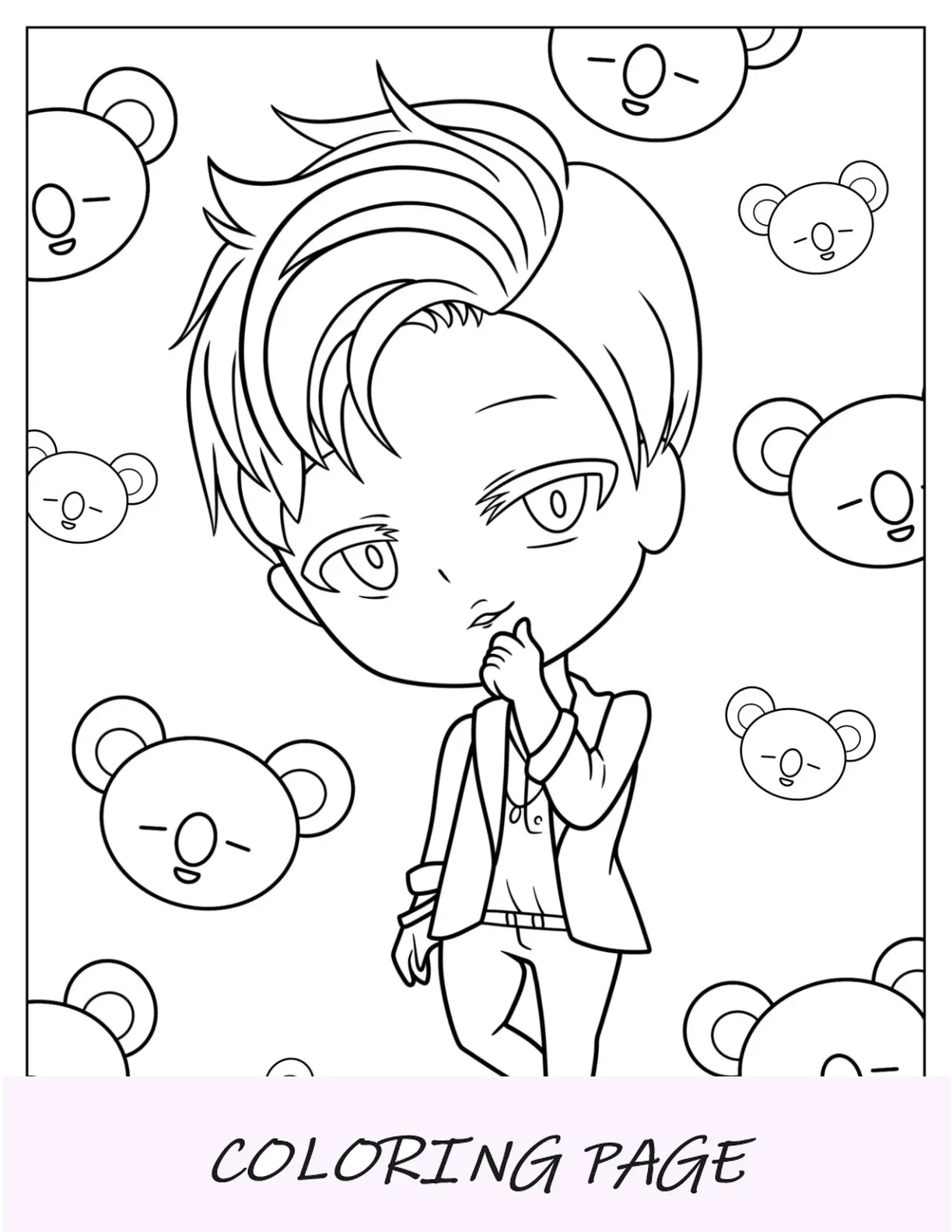 Página para colorir BTS do fofo RM segurando o queixo