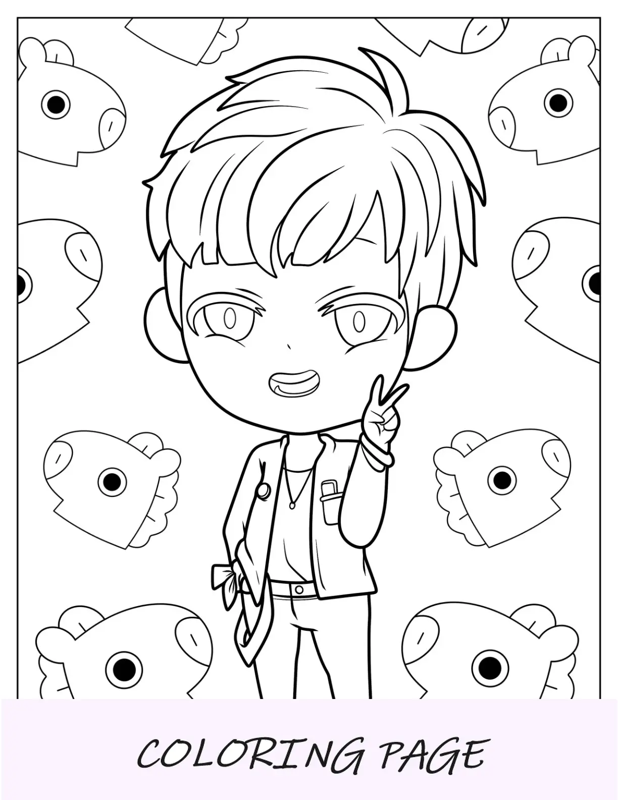 Página para colorir BTS de Chibi J Hope fazendo sinal de paz