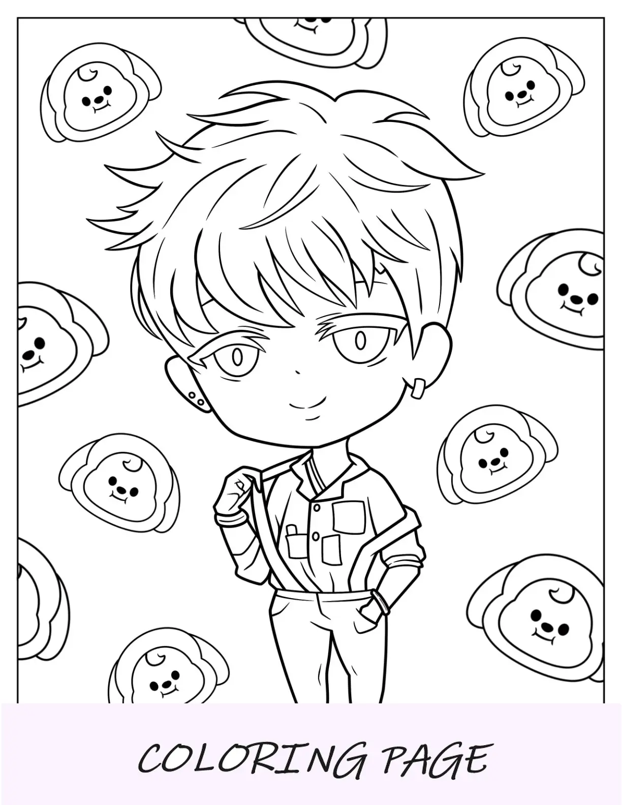 Página para colorir BTS de Chibi Jimin usando suspensórios