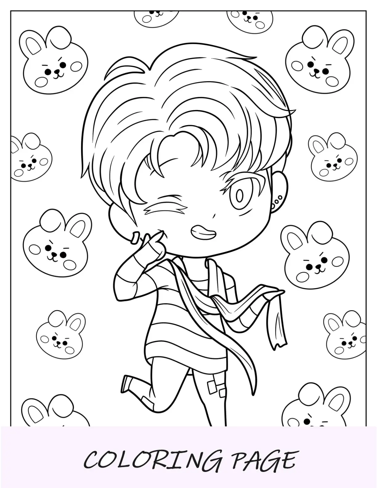 Página para colorir BTS de Kawaii Jungkook piscando enquanto corre