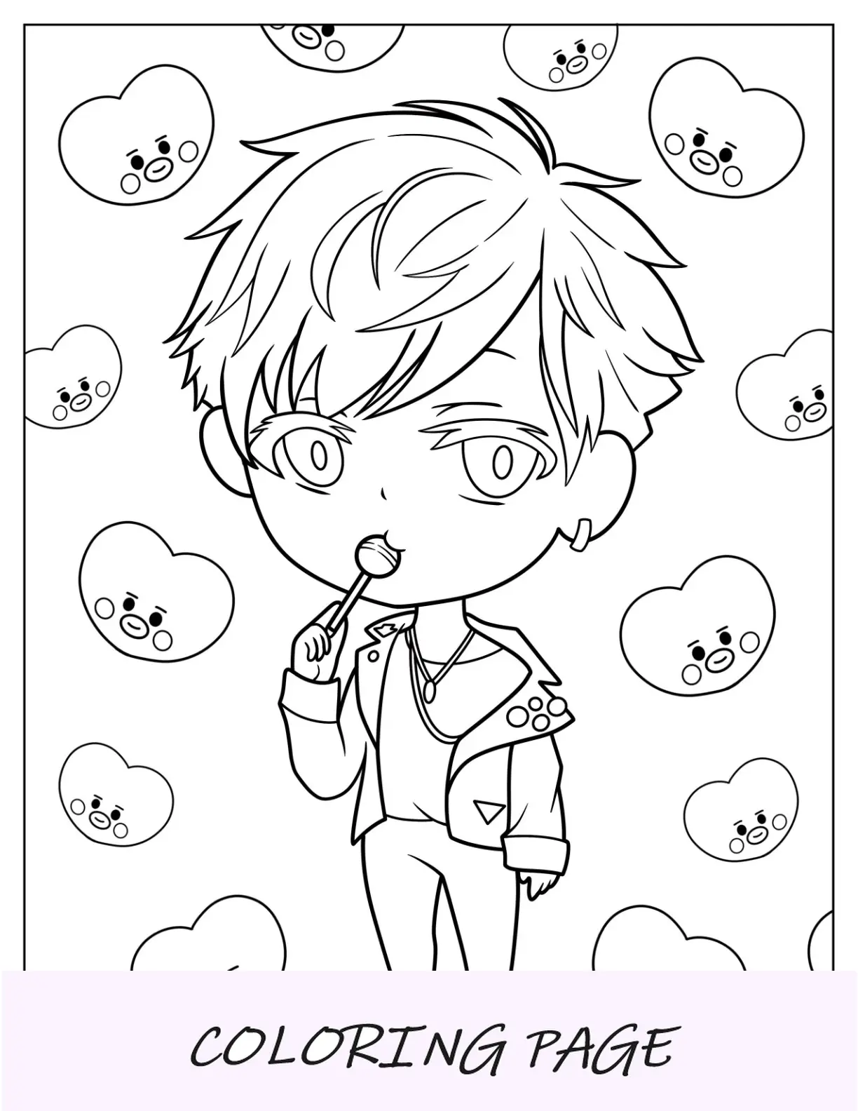 Página para colorir Kawaii BTS de V comendo pirulito