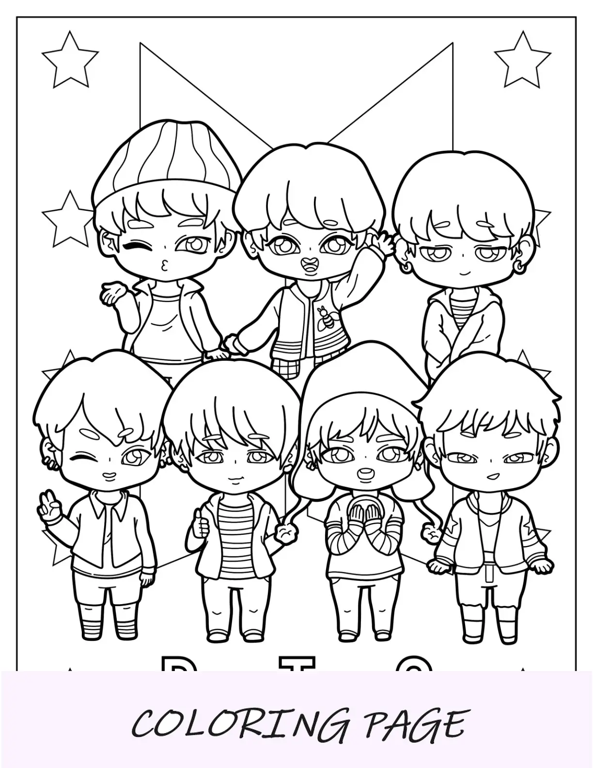 Página para colorir Kawaii BTS de Jungkook, V, Jimin, Suga, J Hope, RM e Jin