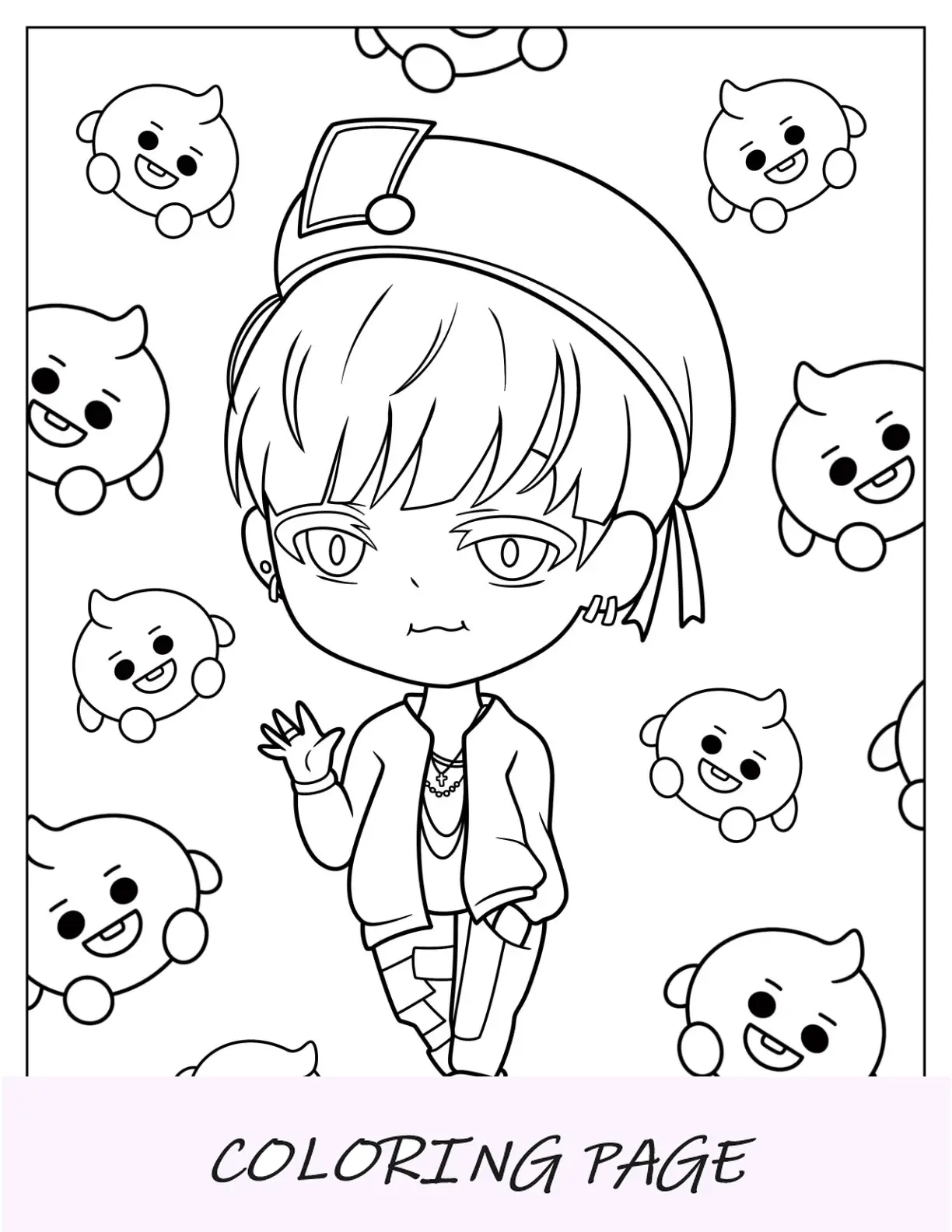 Página para colorir de Chibi BTS de Suga acenando para crianças em idade pré-escolar