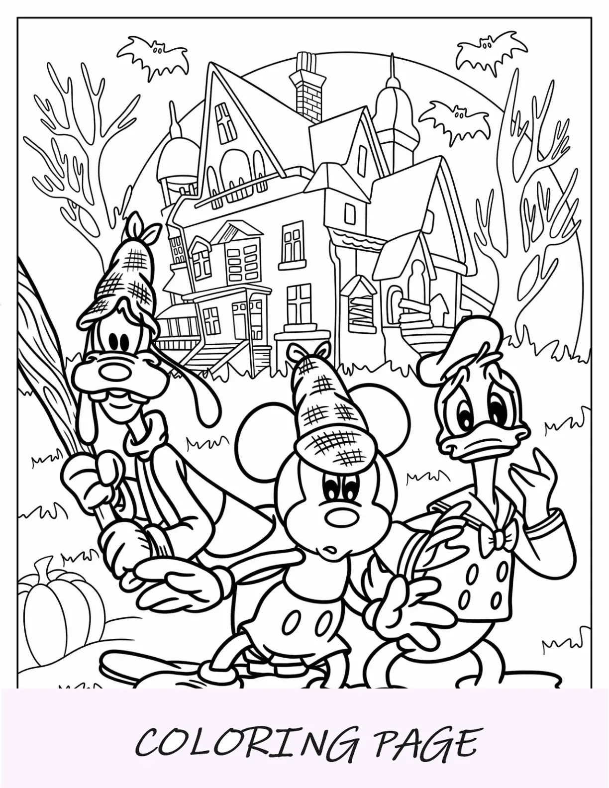Página para colorear de Halloween de Disney de los cazadores de fantasmas Mickey Mouse, Goofy y el pato Donald frente a la casa encantada