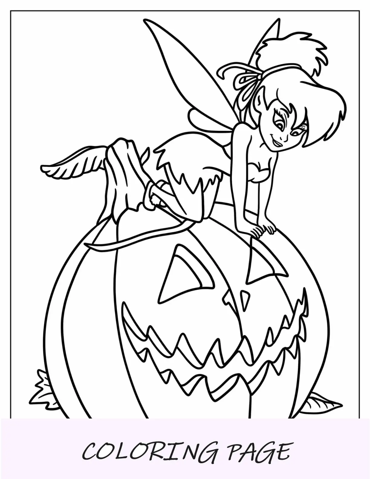 Página para colorear de Halloween de Disney de Tinker Bell sentada en Jack O Lantern