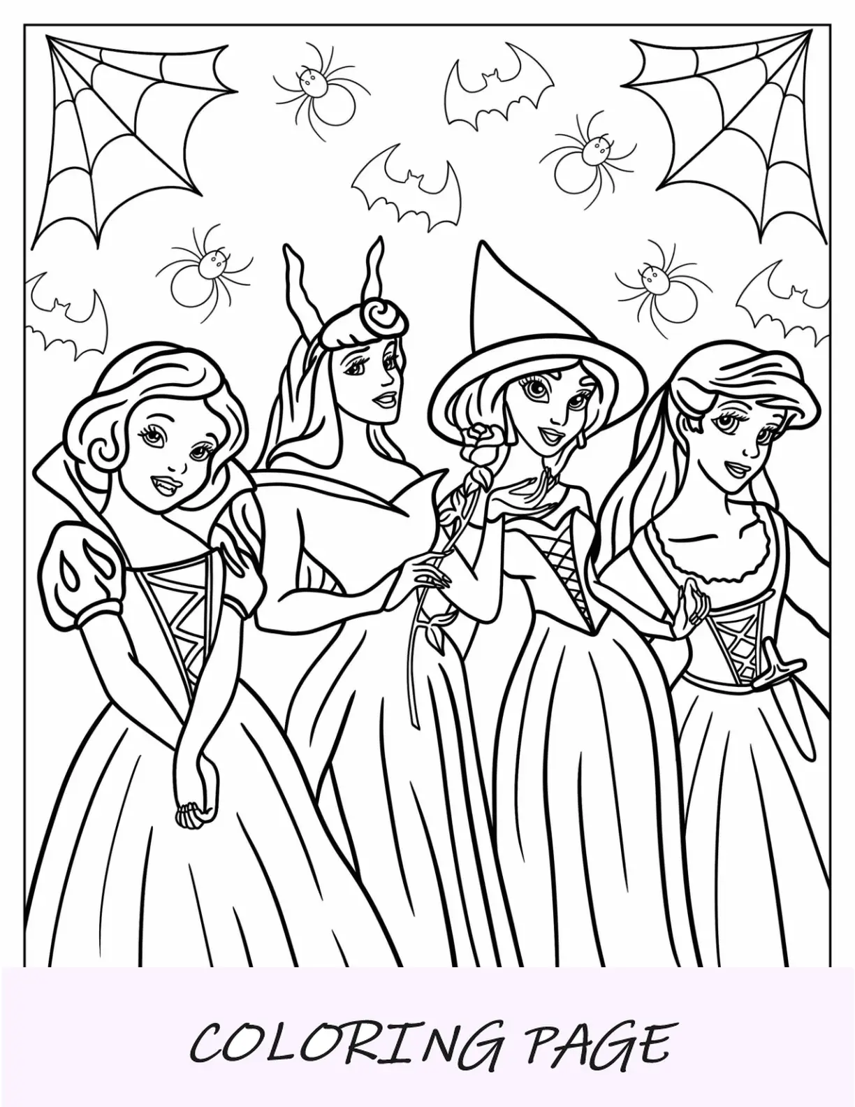 Página para colorear de Disney Halloween de Blancanieves, Aurora, Jasmine y Ariel en Halloween