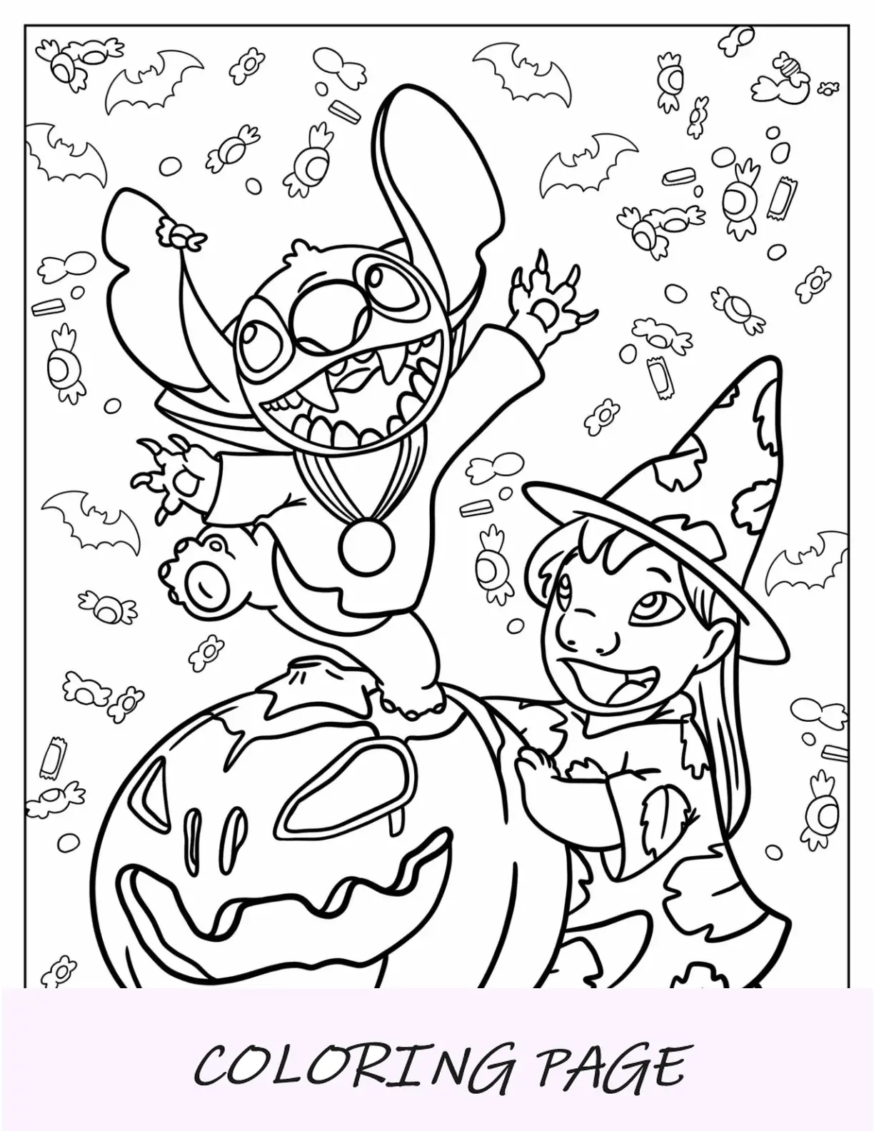 Página para colorear de Halloween de Disney de Lilo y Stitch con sombrero de bruja y Jack O Lantern