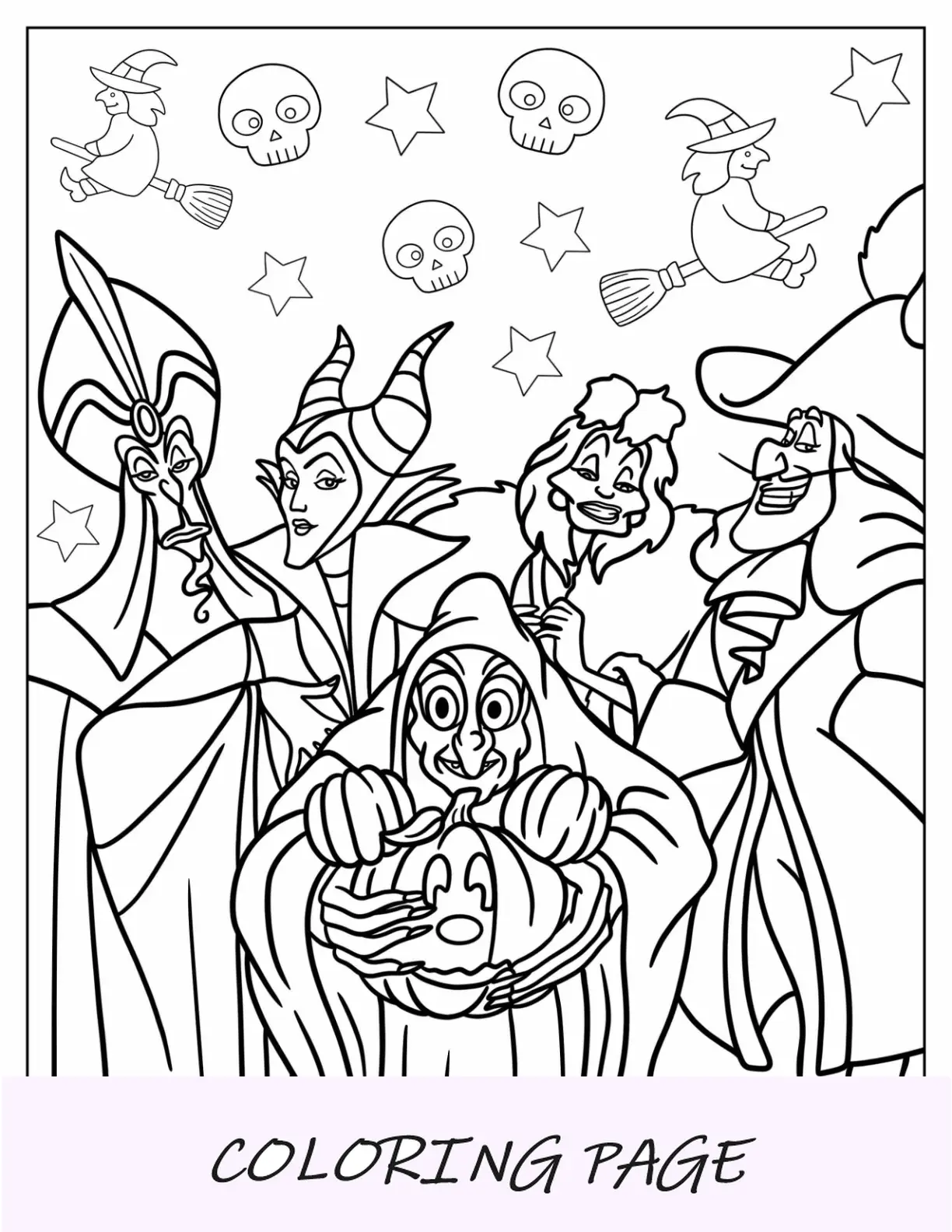 Jafar, Maléfica, Reina Grimhilde, Cruella y Capitán James Hook Disney Halloween Página para colorear