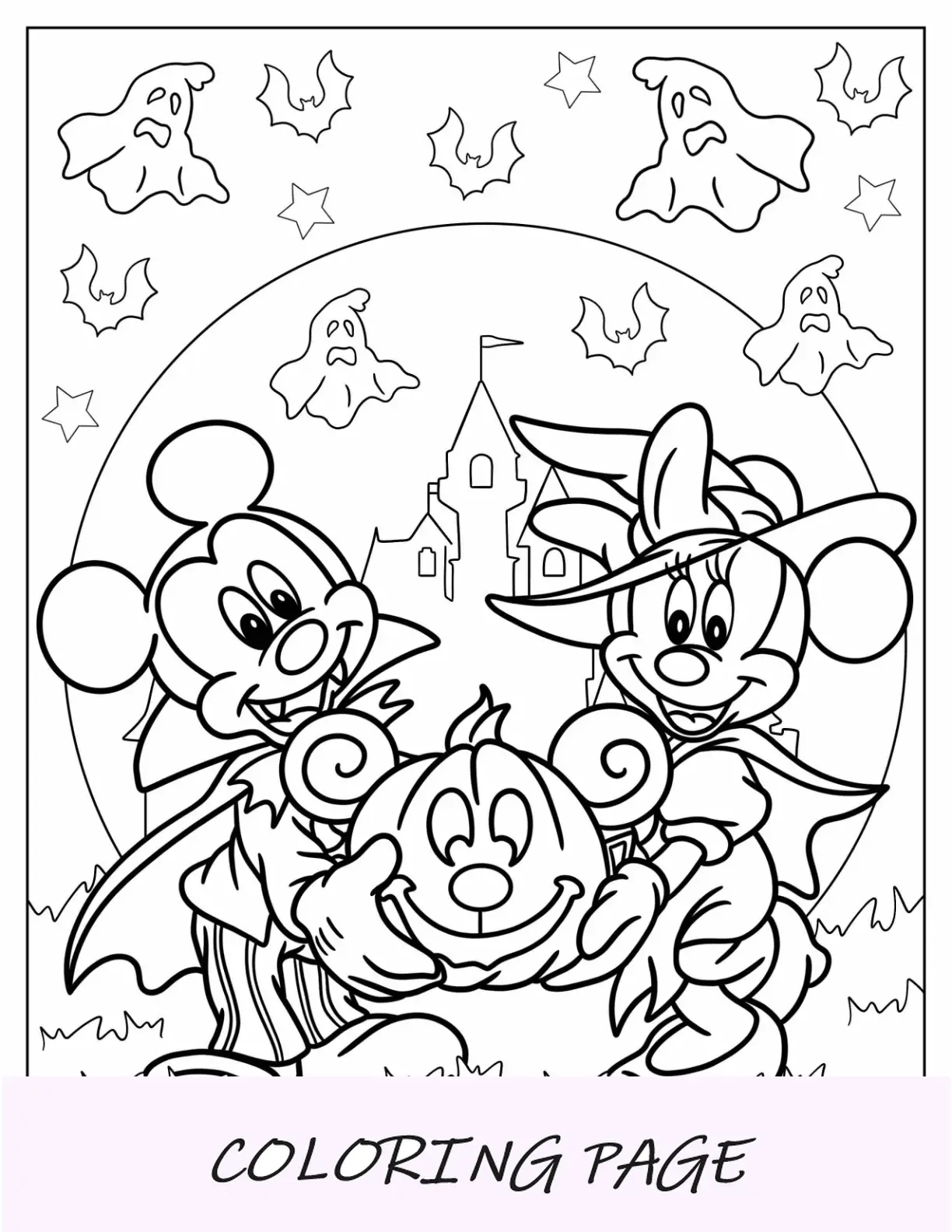 Página para colorear de Halloween de Disney del vampiro Mickey Mouse y la bruja Minnie Mouse sosteniendo Jack O Lantern