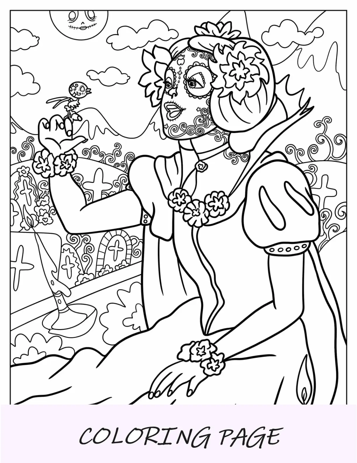 Página para colorear de Halloween de Disney de Blancanieves con maquillaje de calavera de azúcar cantando a un pájaro