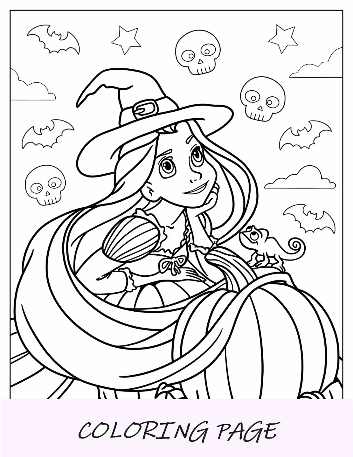 Página para colorear de Halloween de Disney: Rapunzel con sombrero de bruja y Paco sosteniendo calabazas