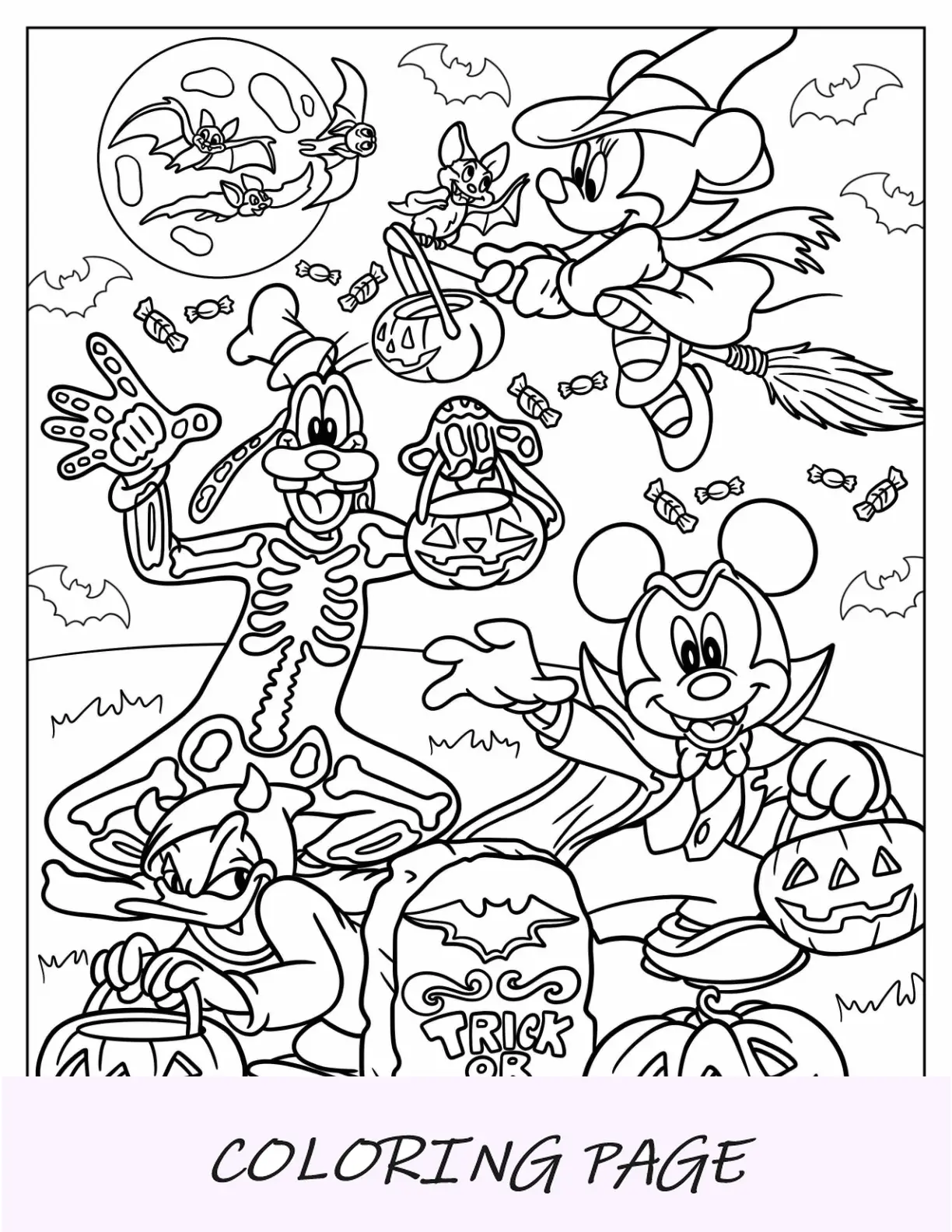 Página para colorear de Halloween de Disney de Mickey Mouse, Minnie Mouse y Goofy disfrazados