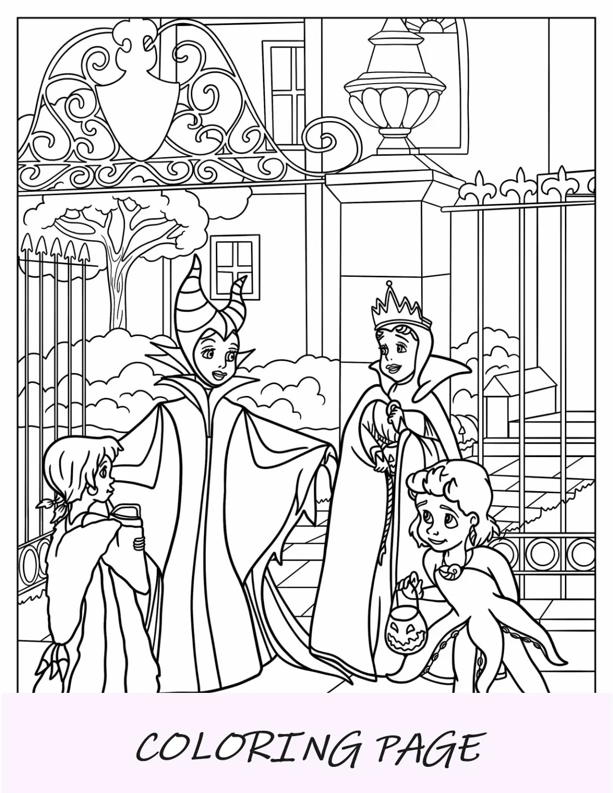 Página para colorear de Halloween de Disney de niños disfrazados de villanos Truco o trato para niños