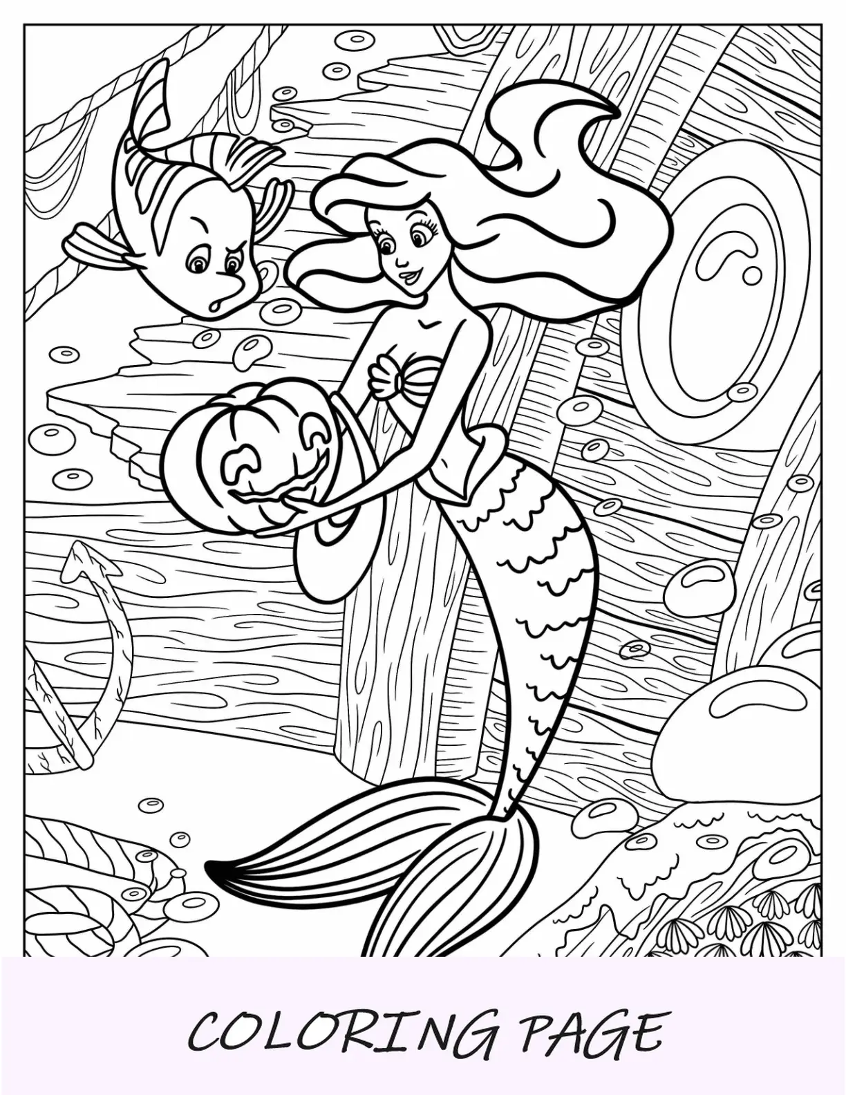 Página para colorear de Halloween de Disney de Ariel y Flunders buscando a Jack O Lantern bajo el mar