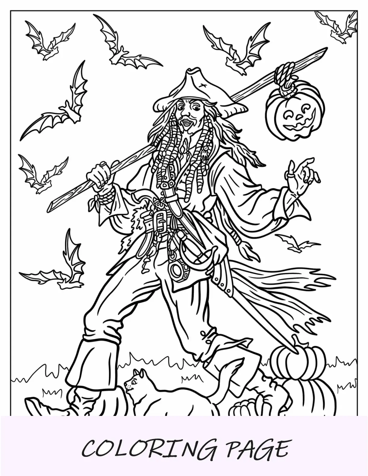 Página para colorear de Halloween de Disney del Capitán Jack Sparrow llevando Jack O Lantern