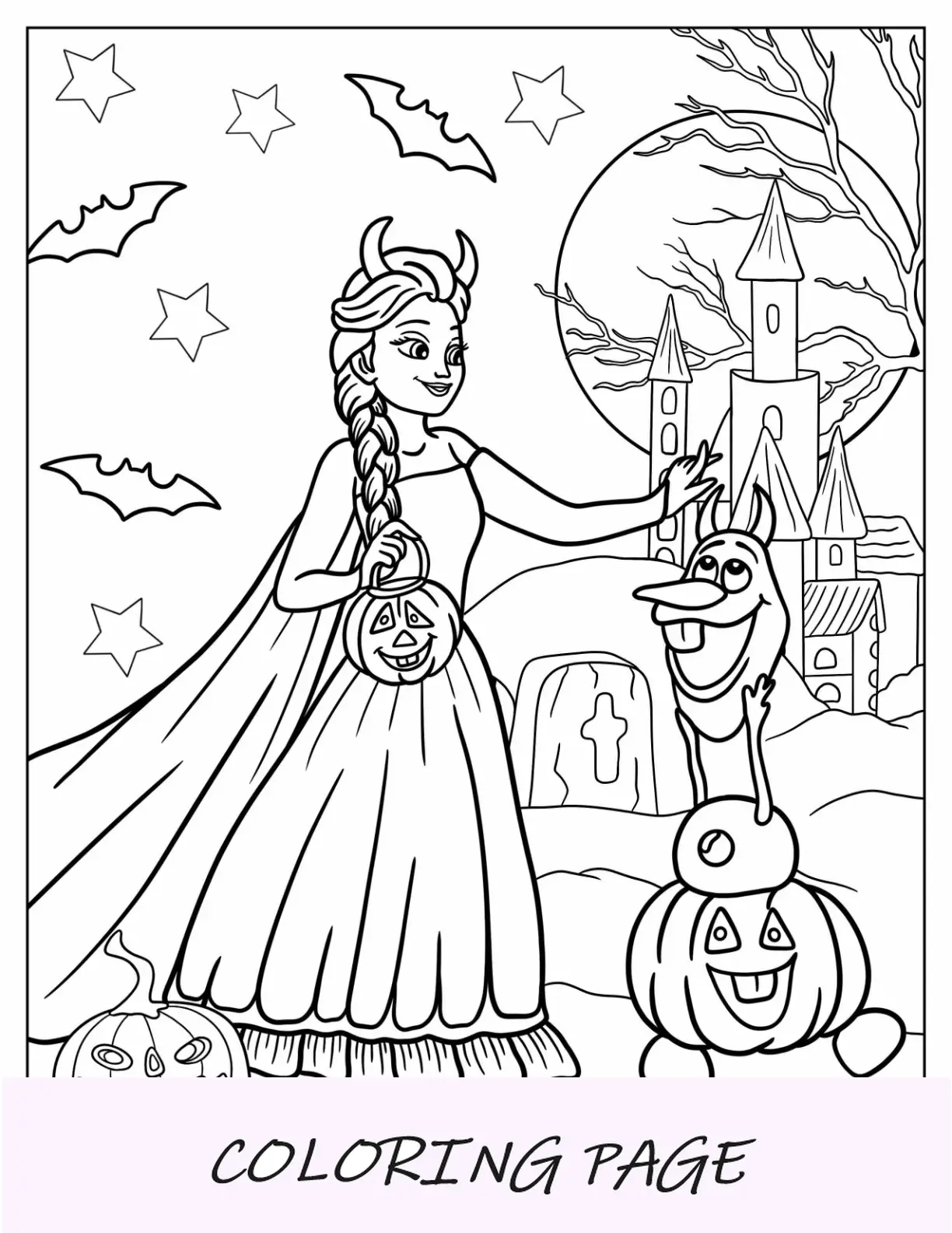Página para colorear de Halloween de Disney de Elsa y Olaf con cuernos de diablo