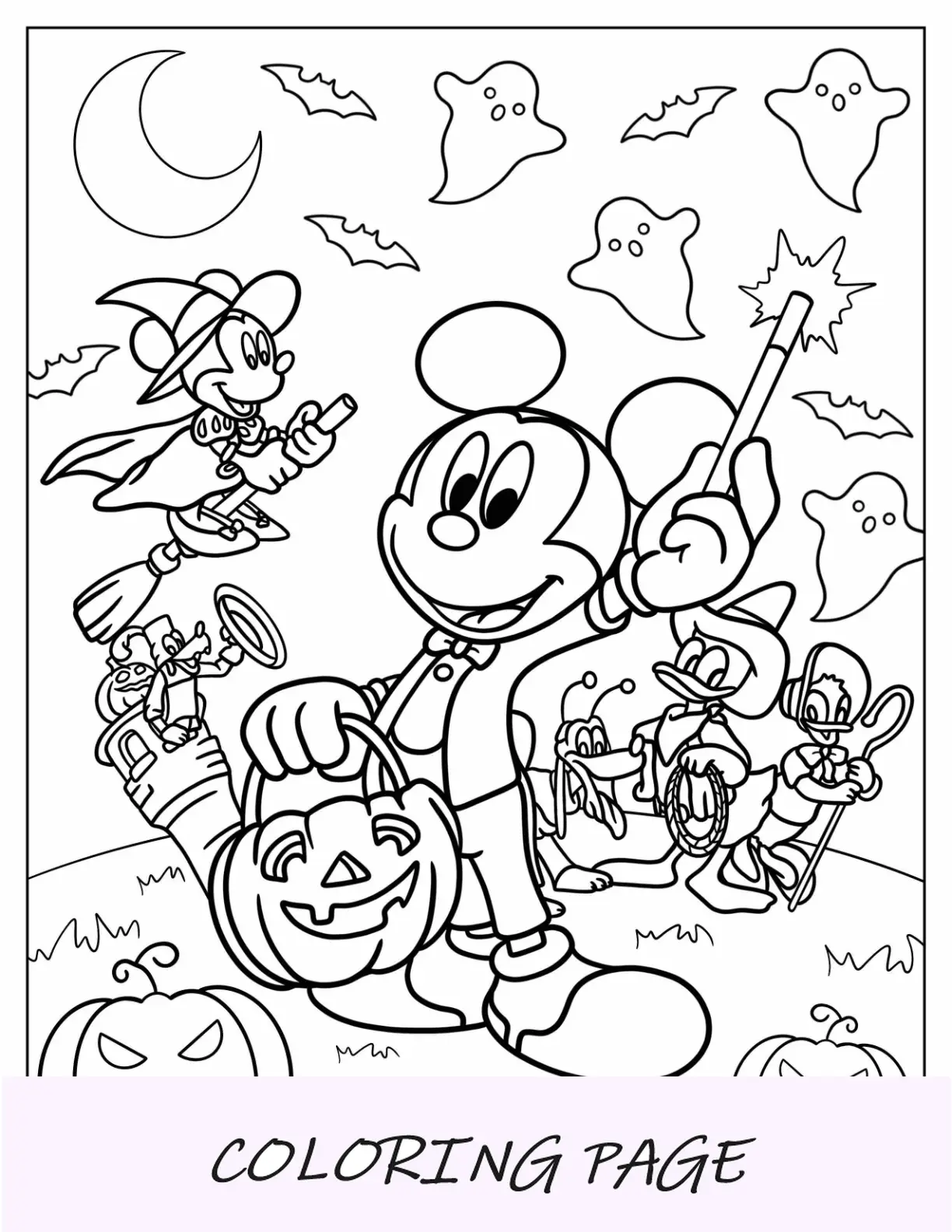 Página para colorear de Halloween de Disney del mago Mickey Mouse y sus amigos disfrazados
