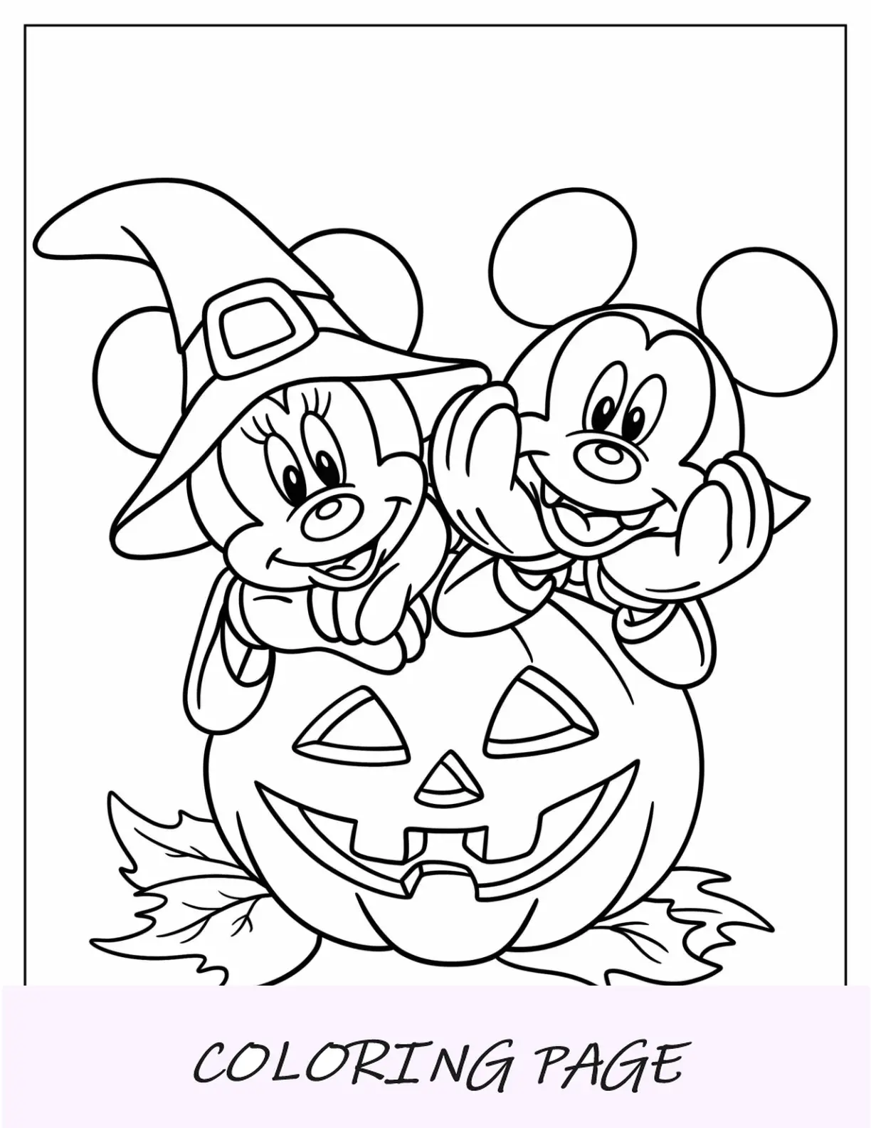 Página para colorear de Disney Halloween de Kawaii Mickey Mouse y Minnie Mouse para niños