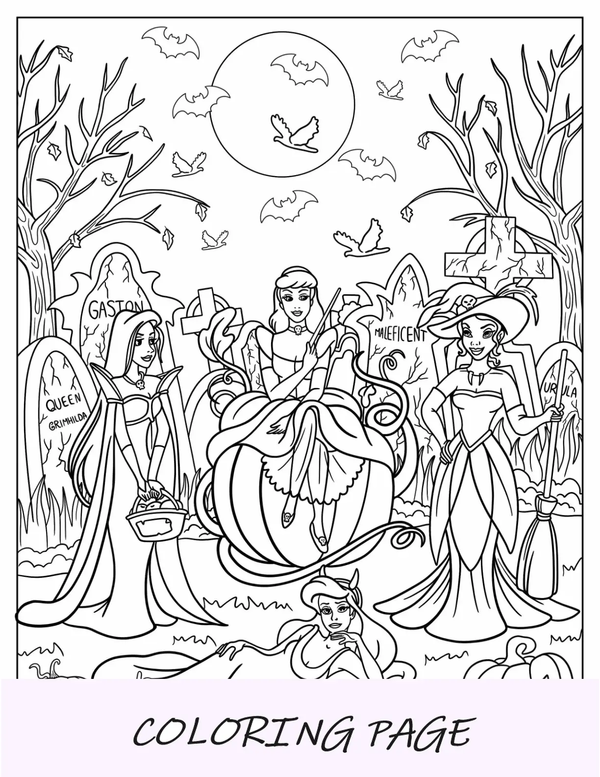 Página para colorear de Disney Halloween de princesas en el cementerio