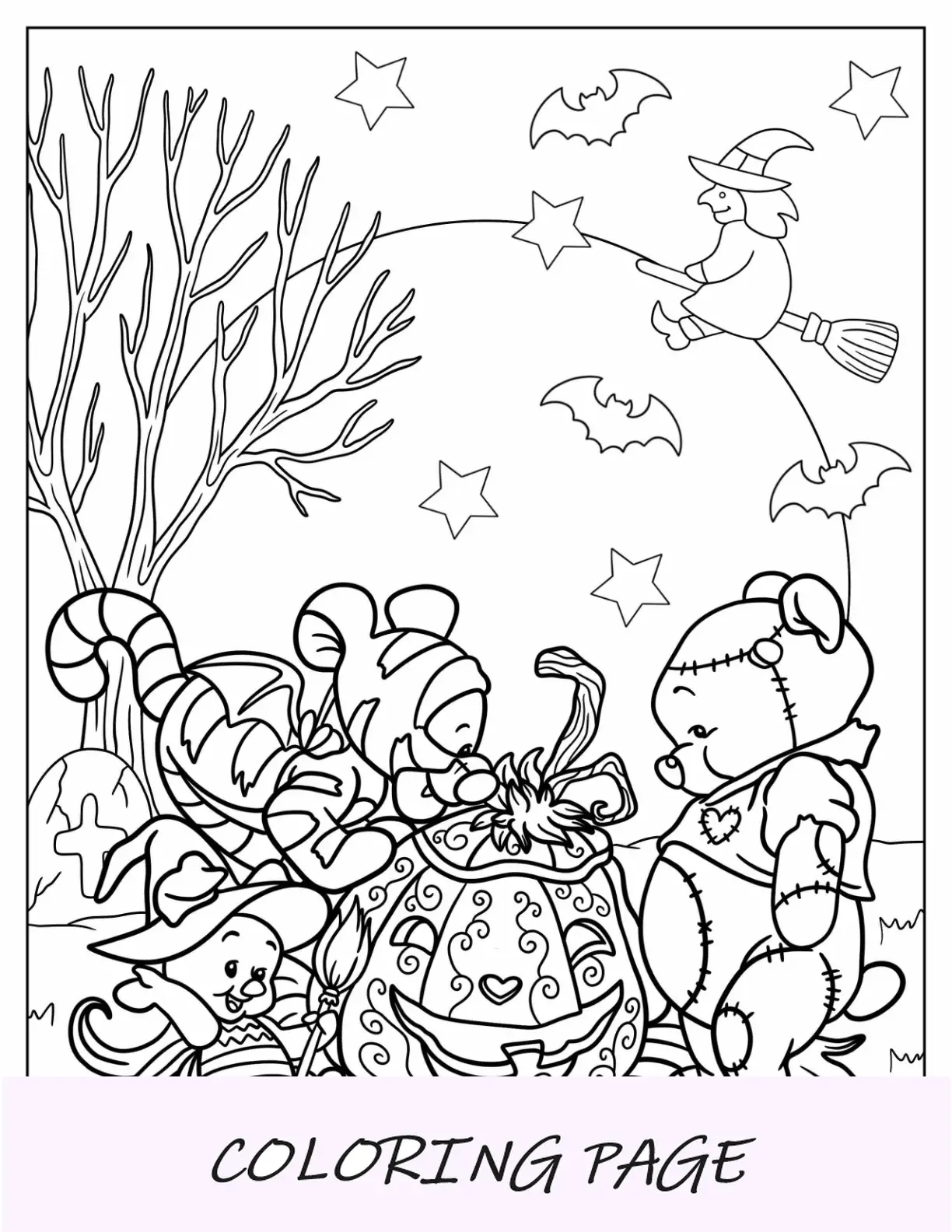 Página para colorear de Disney Halloween de Winnie The Pooh, Tiger y Piglet con Jack O Lantern