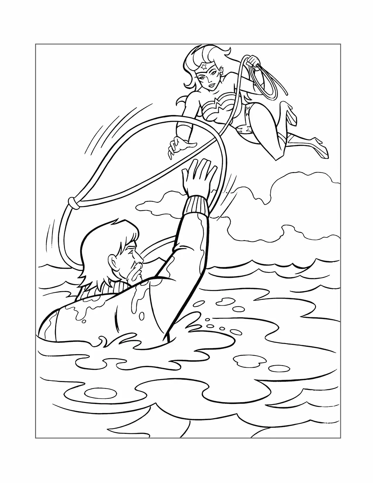 Wonder Woman Saves Man In Water Coloring Page