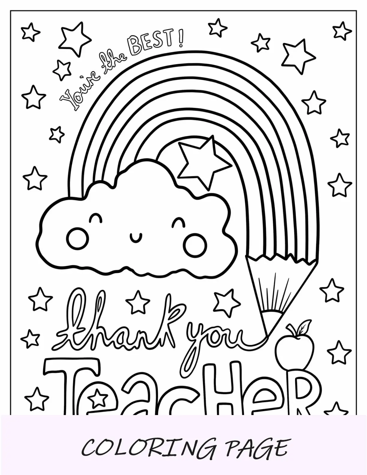 Niedlich, Dankeschön, Malseite, Lehrer, Mit, Wolkenlandschaft, Und, Regenbögen, Für, Kids
