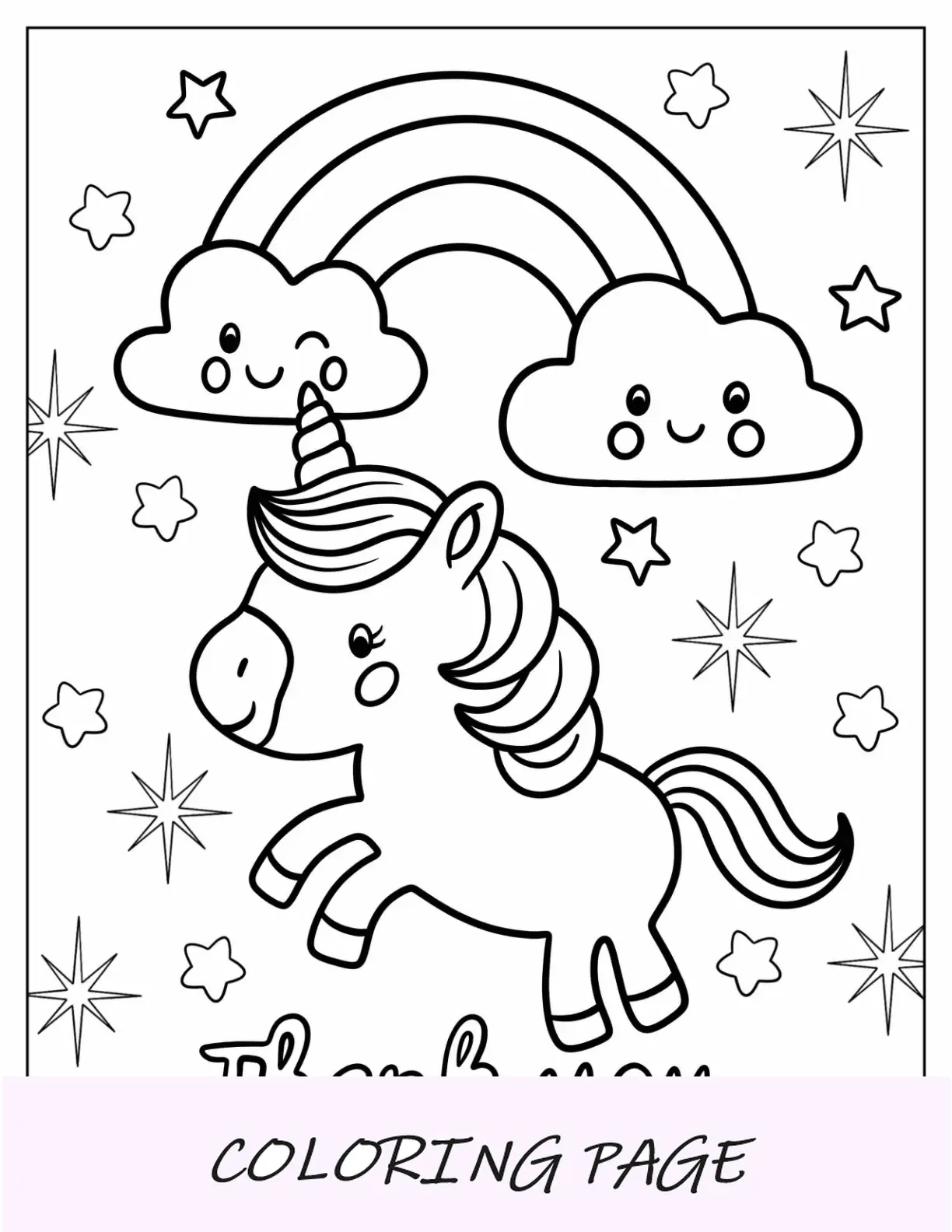 Einhorn und Wolken mit Regenbögen Danke Malseite für Kinder im Vorschulalter