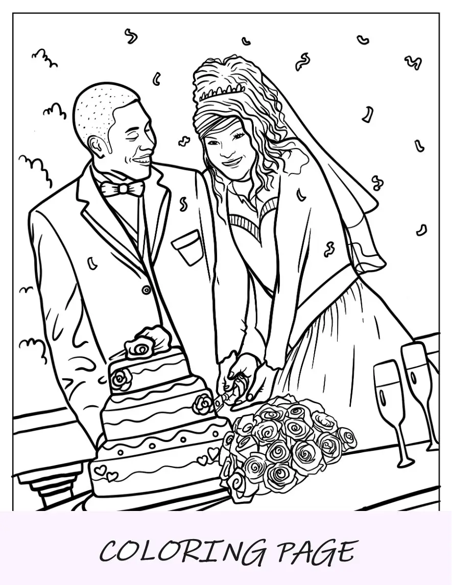 Bräutigam und Braut schneiden Hochzeitstorte zum Ausmalen