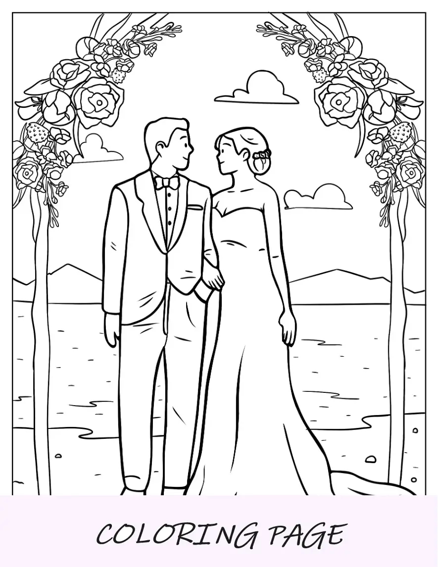 Bräutigam und Braut bei der Strandhochzeit zum Ausmalen