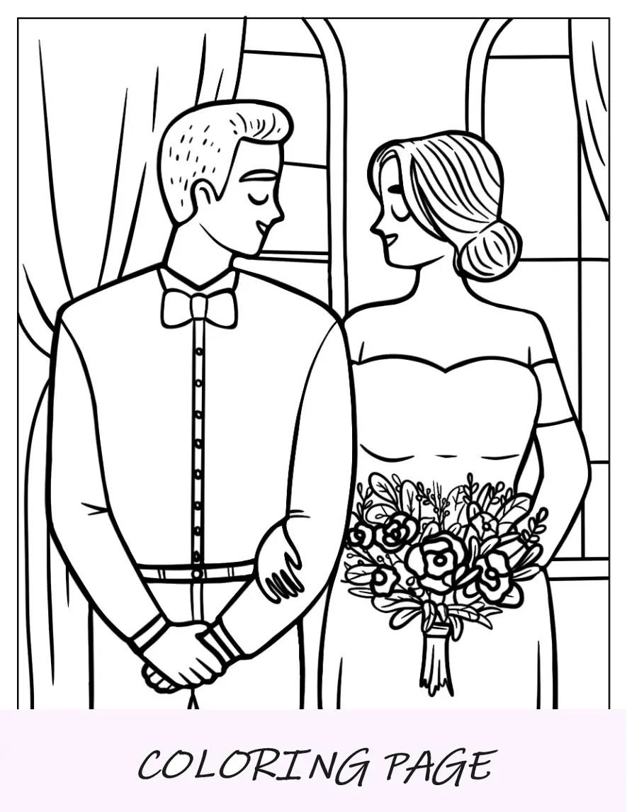 Einfache Malvorlage für die Hochzeit von Braut und Bräutigam