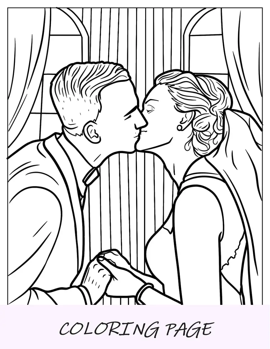 Malvorlagen zum ersten Kuss von Bräutigam und Braut bei der Hochzeit
