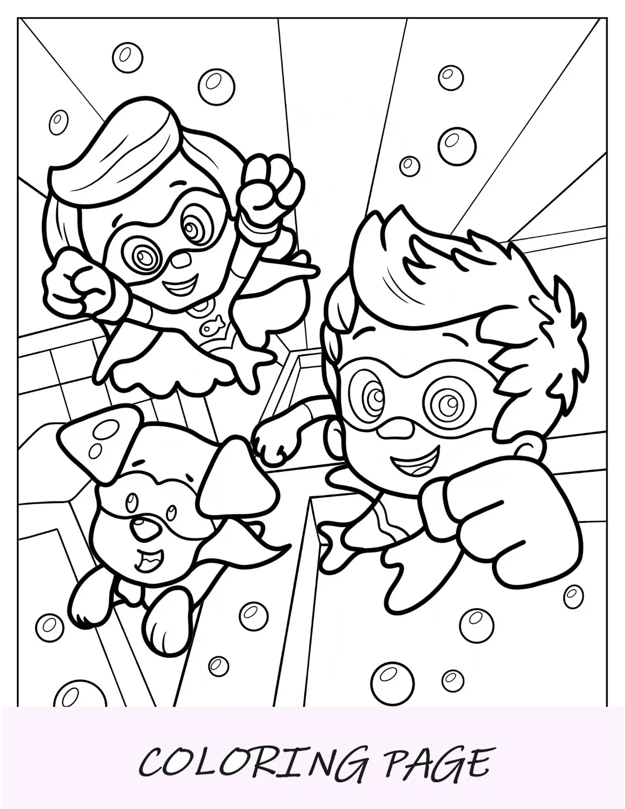 Página para colorir de Bubble Guppies do super-herói Molly, Gil e Bubble Puppy
