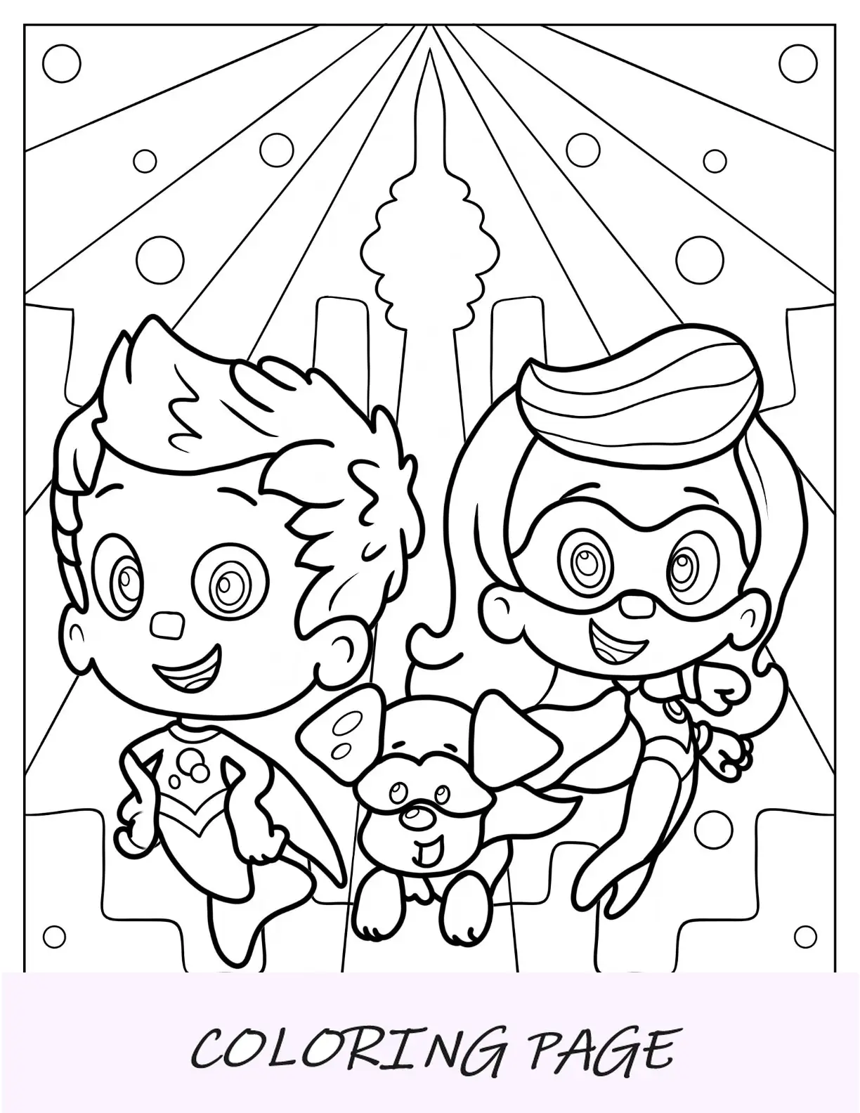 Página para colorir de Bubble Guppies de Super Molly, Gil e Bubble Puppy