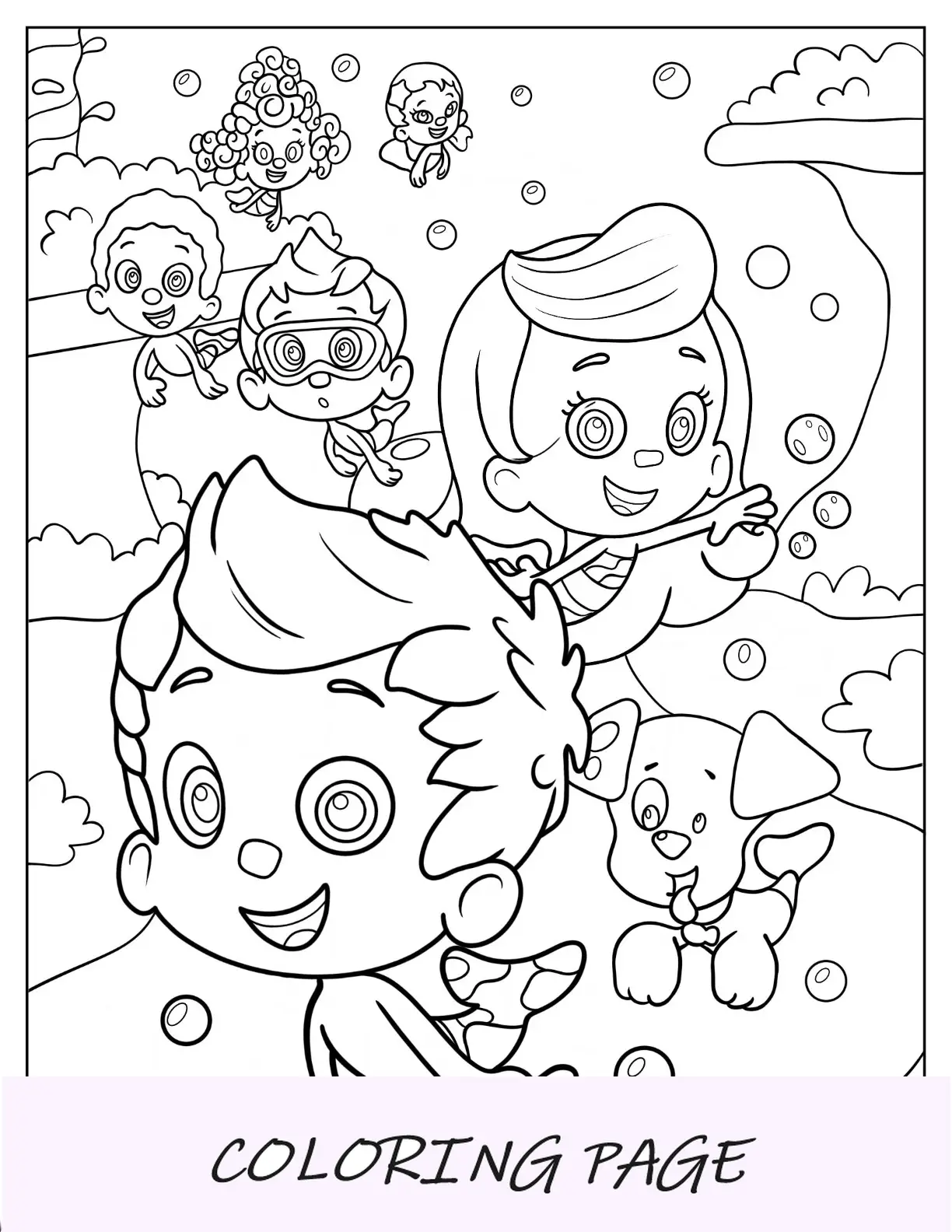 Página para colorir de Bubble Guppies com amigos jogando Bubble Guppies detalhados