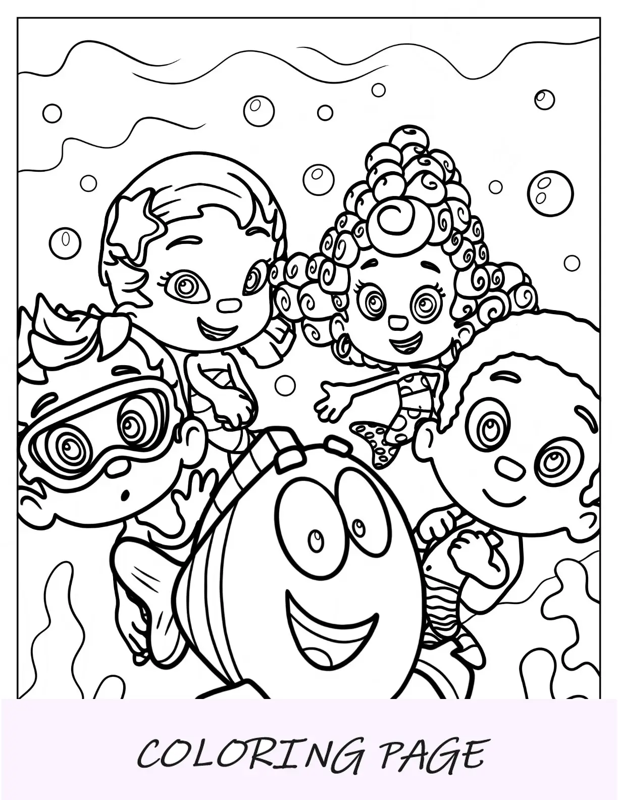 Página para colorir de Bubble Guppies de Oona, Deema, Nonny, Goby e Mr.
