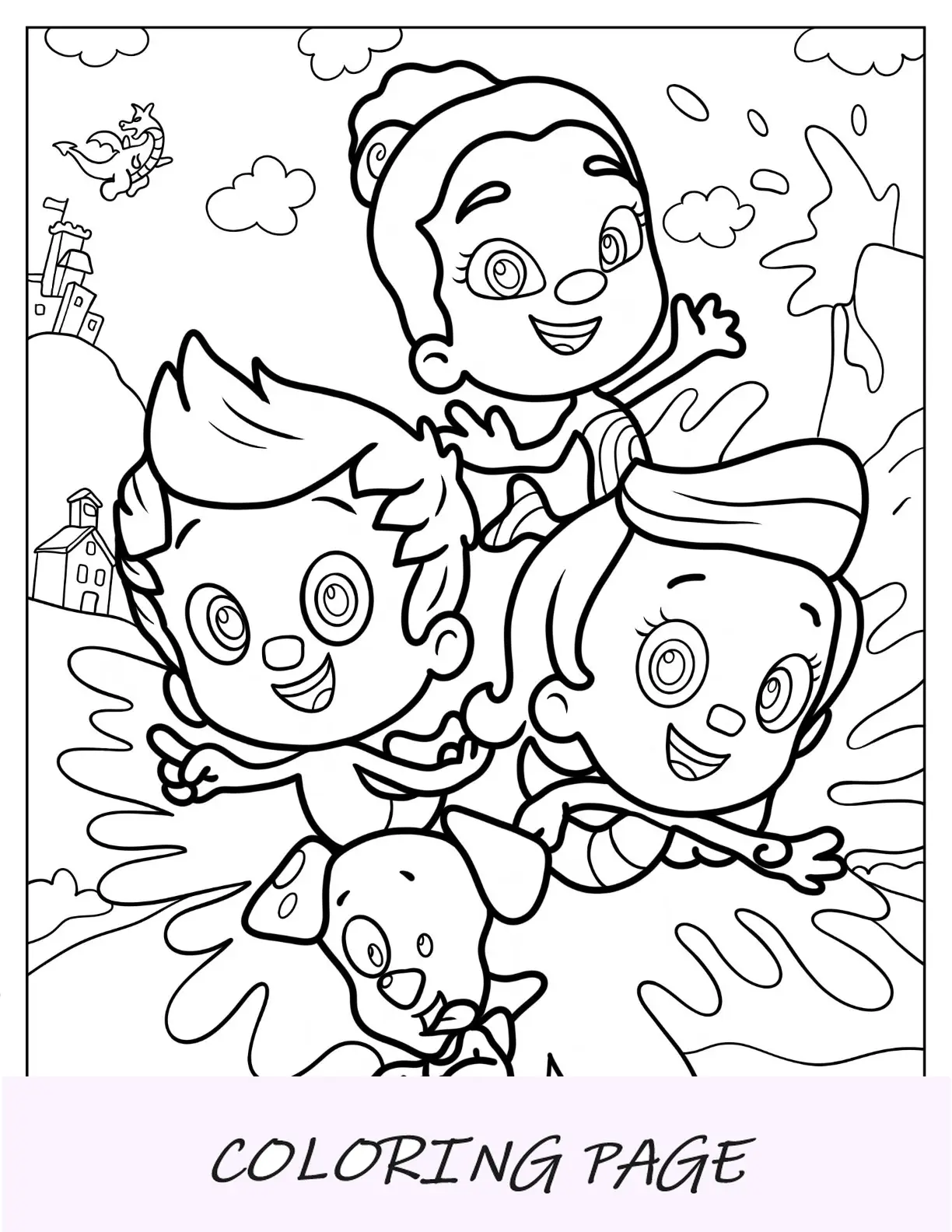 Página para colorir de Bubble Guppies de Gil, Zooli, Molly e Bubble Puppy fazendo respingos