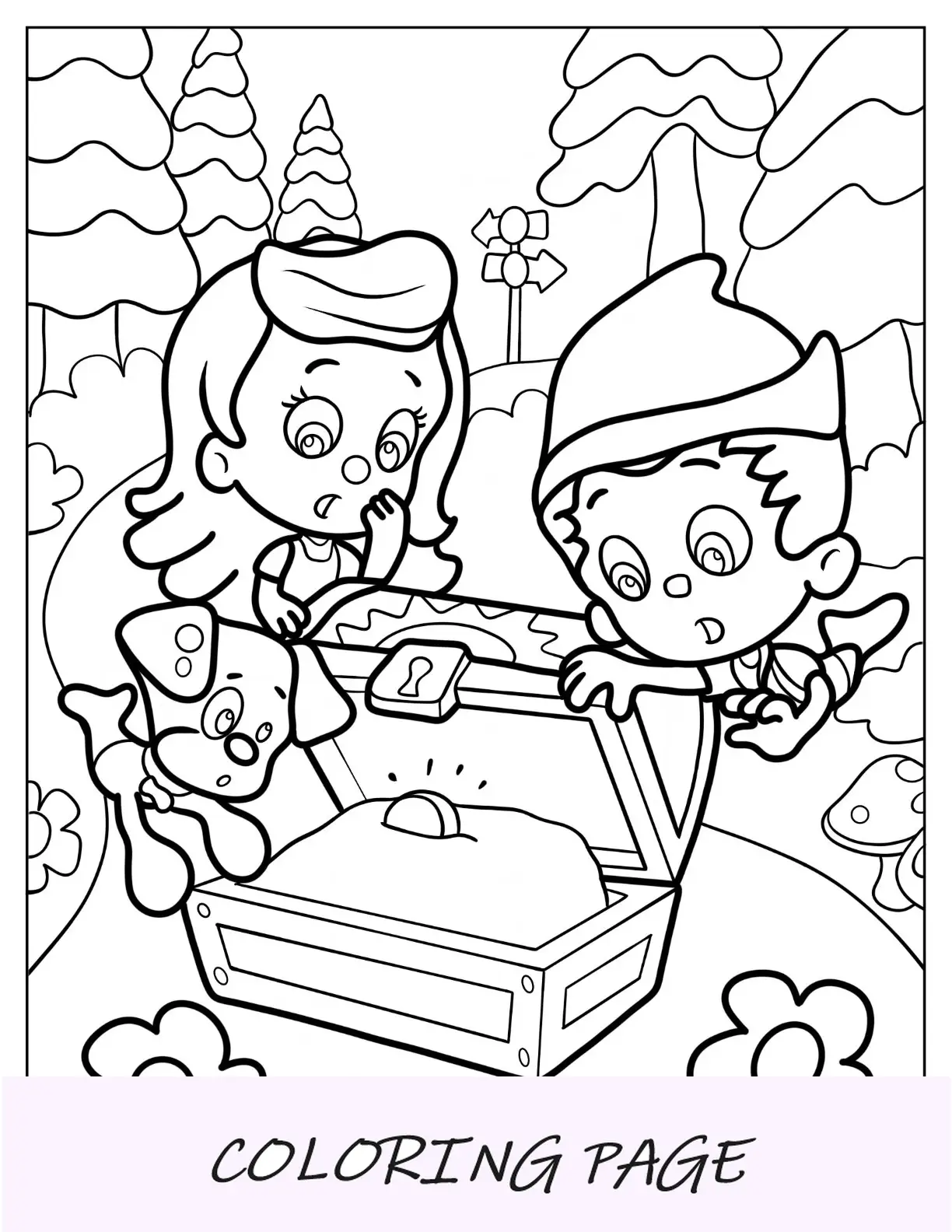 Desenho de Bubble Guppies para colorir de Gil, Molly e o cachorrinho com o anel