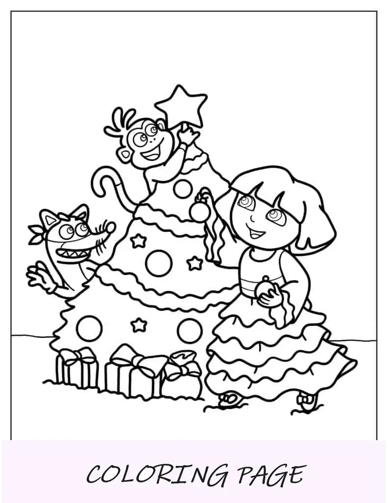 Página para colorear de Dora con temática navideña