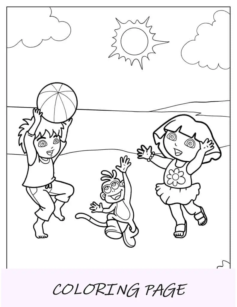 Diego, Boots y Dora jugando con la pelota durante el verano