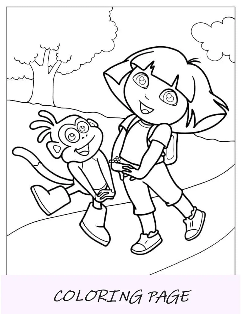 Dora y Botas bailando en un camino