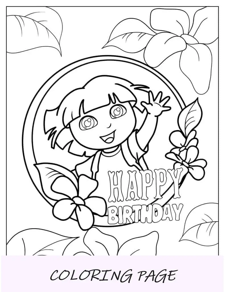 Dora feliz cumpleaños página para colorear para niños